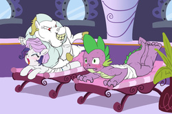 Size: 1306x860 | Tagged: safe, artist:carnifex, bulk biceps, rarity, spike, dragon, pony, unicorn, g4, blushing, eyes closed, female, floppy ears, frown, grin, male, mare, massage, moaning, older, older spike, open mouth, prone, ship:sparity, shipping, smirk, spa, straight, sweat, tongue out, towel, wide eyes