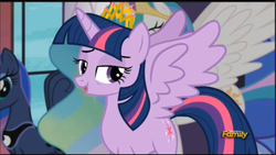 Size: 985x555 | Tagged: safe, screencap, princess celestia, princess luna, twilight sparkle, alicorn, pony, g4, princess spike, season 5, female, mare, spread wings, twilight sparkle (alicorn)