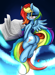 Size: 2200x3000 | Tagged: safe, artist:madacon, rainbow dash, pegasus, pony, g4, :p, adorkable, book, butt, cute, dashabetes, dork, female, glasses, high res, looking back, mare, plot, solo, tongue out, wings