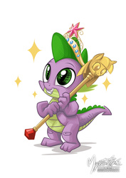 Size: 672x950 | Tagged: safe, artist:mysticalpha, spike, dragon, g4, princess spike, accessory swap, baby, baby dragon, big crown thingy, crown, cute, grin, jewelry, male, regalia, signature, simple background, smiling, solo, sparkles, spikabetes, squee, that was fast, twilight scepter, white background