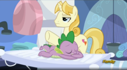 Size: 1665x927 | Tagged: safe, screencap, spike, suave touch, dragon, pony, unicorn, g4, my little pony: friendship is magic, princess spike, season 5, by order of the princess, duo, duo male, eyes closed, frown, grin, logic, male, massage, prone, smiling, stallion, unamused, underhoof, wingless spike