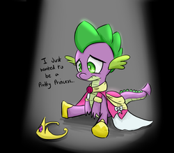 Size: 1254x1100 | Tagged: safe, artist:artguydis, spike, dragon, g4, princess spike, abuse, baby, baby dragon, clothes, coronation dress, crossdressing, crown, cute, dress, male, pretty princess, princess, sad, spikabetes, spikeabuse, spotlight, that was fast