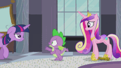 Size: 500x281 | Tagged: safe, screencap, princess cadance, spike, twilight sparkle, alicorn, pony, g4, princess spike, animated, animation error, derp, discovery family, discovery family logo, dizzy, eyes closed, falling, female, floppy ears, frown, mare, raised hoof, sisters-in-law, smiling, spread wings, talking, tired, twilight sparkle (alicorn), worried, yawn