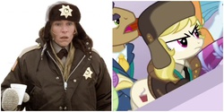 Size: 2400x1200 | Tagged: safe, edit, edited screencap, screencap, joe pescolt, march gustysnows, earth pony, human, pony, g4, princess spike, season 5, angry, clothes, coffee, coffee cup, comparison, cropped, cup, fargo, female, frances mcdormand, frown, glare, hat, jacket, mare, marge gunderson, spoiler, woman