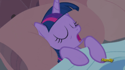Size: 500x281 | Tagged: safe, screencap, twilight sparkle, alicorn, pony, g4, princess spike, season 5, animated, bed, cute, discovery family, discovery family logo, eyes closed, female, gif, mare, on back, open mouth, sleeping, snoring, solo, twilight sparkle (alicorn)