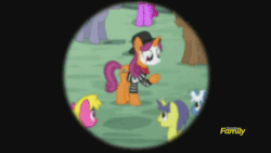 Size: 500x281 | Tagged: safe, screencap, berry punch, berryshine, cherry berry, coco crusoe, comet tail, pokey pierce, quiet gestures, royal riff, earth pony, pony, unicorn, g4, princess spike, season 5, :o, animated, bipedal, discovery family, discovery family logo, female, frown, gif, hat, male, mare, mime, sitting, stallion, watching