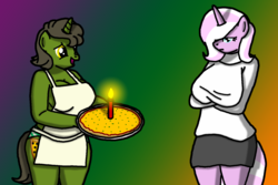 Size: 1500x1000 | Tagged: safe, alternate version, artist:flyingbrickanimation, oc, oc only, oc:black olive, oc:lamia, unicorn, anthro, abstract background, apron, birthday, breasts, candle, clothes, crossed arms, curvy, cutie mark, female, green underwear, happy birthday, naked apron, panties, pizza, plump, skirt, striped underwear, sweater, textless, underwear