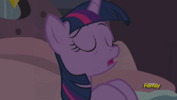 Size: 500x281 | Tagged: safe, screencap, twilight sparkle, alicorn, pony, g4, princess spike, animated, bed, cute, discovery family, discovery family logo, eyes closed, female, lidded eyes, mare, sleepy, smiling, solo, talking, twilight sparkle (alicorn)