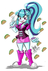 Size: 967x1425 | Tagged: safe, artist:danmakuman, sonata dusk, human, equestria girls, g4, breasts, busty sonata dusk, cleavage, clothes, female, skirt, solo, sonataco, taco, that girl sure loves tacos, that siren sure does love tacos