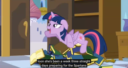 Size: 1600x855 | Tagged: safe, screencap, twilight sparkle, alicorn, pony, g4, princess spike, book, female, mare, meme, princess sleeping on books, sparta, spartan, twilight sparkle (alicorn), youtube caption