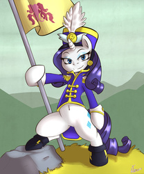 Size: 1200x1440 | Tagged: safe, artist:atane27, rarity, pony, unicorn, g4, testing testing 1-2-3, ancient wonderbolts uniform, belly button, bipedal, boots, clothes, female, flag, hat, hoof hold, mare, sgt. rarity, shako, shoes, solo, uniform