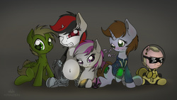 Size: 1500x845 | Tagged: dead source, safe, artist:allyster-black, oc, oc:blackjack, oc:hired gun, oc:littlepip, oc:murky, oc:puppysmiles, cyborg, earth pony, pegasus, pony, unicorn, fallout equestria, fallout equestria: heroes, fallout equestria: murky number seven, fallout equestria: pink eyes, fallout equestria: project horizons, a-team, belly, belly button, blushing, chest fluff, clothes, crossover, cutie mark, cyber legs, ear fluff, fanfic, fanfic art, female, filly, foal, hazmat suit, hooves, horn, jumpsuit, lying down, male, mare, mr. t, pipbuck, pregnant, prone, sitting, stallion, teeth, text, vault suit, wings