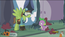 Size: 960x540 | Tagged: safe, screencap, douglas spruce, evergreen, spike, dragon, pegasus, pony, g4, princess spike, cap, chainsaw, discovery family logo, goggles, hat, hoof shoes, male, pine tree, stallion, toolbelt, tree