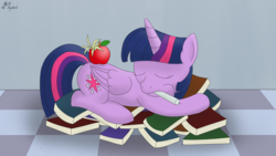 Size: 4872x2741 | Tagged: safe, artist:mkogwheel, twilight sparkle, alicorn, pony, g4, princess spike, apple, book, book nest, candle, female, hay, literally, mare, princess sleeping on books, sleeping, solo, that pony sure does love books, tired twilight, twilight sparkle (alicorn)