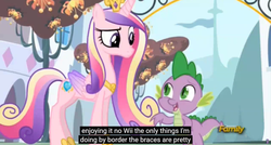 Size: 1600x855 | Tagged: safe, screencap, princess cadance, spike, g4, princess spike, discovery family logo, meme, wii, youtube caption