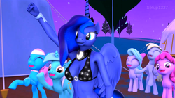 Size: 1359x764 | Tagged: safe, artist:setup1337, berry punch, berryshine, derpy hooves, lotus blossom, lyra heartstrings, princess luna, earth pony, anthro, g4, 3d, bra, breasts, busty princess luna, clothes, female, nightmare night, underwear