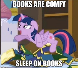 Size: 456x401 | Tagged: safe, screencap, twilight sparkle, alicorn, pony, g4, princess spike, book, book nest, derp, female, image macro, mare, meme, princess sleeping on books, silly, that pony sure does love books, this is my pillow now, twilight sparkle (alicorn)
