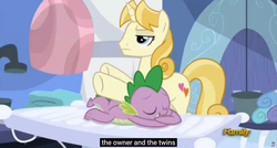 Size: 1600x855 | Tagged: safe, edit, edited screencap, screencap, spike, suave touch, dragon, pony, unicorn, g4, princess spike, by order of the princess, caption, discovery family logo, male, massage, meme, stallion, text, youtube caption