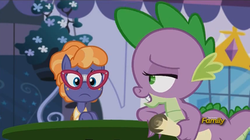 Size: 1361x763 | Tagged: safe, screencap, frazzle rock, spike, dragon, earth pony, pony, g4, princess spike, season 5, broken glasses, discovery family, discovery family logo, duo, eyelashes, female, glasses, logo, male, mare, scroll, wingless spike