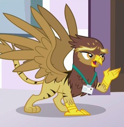 Size: 1047x1068 | Tagged: safe, screencap, galena, big cat, griffon, hybrid, tiger, tiger griffon, g4, princess spike, background griffon, cropped, female, lanyard, name tag, open beak, raised claw, solo, spread wings, wings