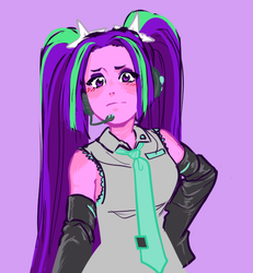 Size: 493x534 | Tagged: safe, artist:rileyav, aria blaze, equestria girls, g4, my little pony equestria girls: rainbow rocks, ariatsune miku, blushing, clothes, clothes swap, cosplay, costume, crossover, female, gloves, hatsune miku, long gloves, pigtails, simple background, solo, twintails, vocaloid