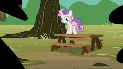 Size: 610x343 | Tagged: safe, screencap, sweetie belle, bloom & gloom, g4, the show stoppers, animated, cutie mark, female, hilarious in hindsight, sweepy belle