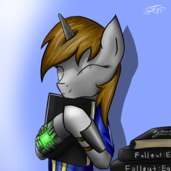 Size: 1140x1140 | Tagged: safe, oc, oc only, oc:littlepip, pony, unicorn, fallout equestria, book, clothes, eyes closed, fanfic, fanfic art, female, gradient background, hooves, horn, jumpsuit, mare, pipboy, pipbuck, smiling, solo, vault suit