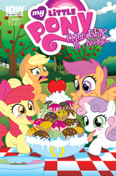 Size: 593x900 | Tagged: safe, artist:marybellamy, idw, apple bloom, applejack, scootaloo, sweetie belle, earth pony, pegasus, pony, unicorn, g4, apple, blushing, comic cover, cover, cutie mark crusaders, ice cream, terrified, tongue out