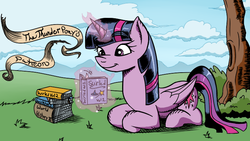 Size: 714x402 | Tagged: safe, artist:thethunderpony, twilight sparkle, alicorn, pony, g4, banner, book, female, mare, outdoors, patreon, reading, smiling, solo, twilight sparkle (alicorn)