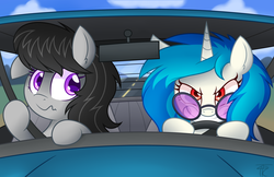 Size: 5100x3300 | Tagged: dead source, safe, artist:php92, dj pon-3, octavia melody, vinyl scratch, earth pony, pony, unicorn, g4, car, driving, evil grin, grin, one ear down, red eyes, smiling, wavy mouth, wrong eye color