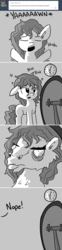 Size: 726x2921 | Tagged: safe, artist:tjpones, oc, oc only, oc:brownie bun, horse wife, ask, bed mane, clock, hoers, mirror, monochrome, morning ponies, onomatopoeia, sleepy, solo, tumblr, yawn