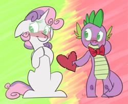 Size: 1000x811 | Tagged: safe, artist:mrtomfox, spike, sweetie belle, g4, blushing, bowtie, female, male, ship:spikebelle, shipping, straight