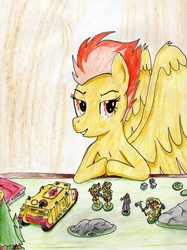 Size: 2407x3215 | Tagged: safe, artist:40kponyguy, derpibooru exclusive, spitfire, pegasus, pony, rhinoceros, g4, angry marines, dice, female, high res, looking at you, solo, space marine, traditional art, warhammer (game), warhammer 40k