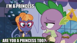 Size: 960x539 | Tagged: safe, edit, screencap, frazzle rock, spike, g4, princess spike, bedroom eyes, broken glasses, eyelashes, frown, glasses, grin, i'm a princess are you a princess too?, image macro, meme, not gay, roflbot, smiling