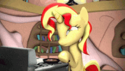 Size: 480x270 | Tagged: safe, artist:ata64, sunset shimmer, pony, unicorn, 3d, adventure time, animated, bacon, bacon pancakes, blinking, cooking, cute, eyes closed, female, frying pan, golden oaks library, mare, oven, pancakes, shimmerbetes, singing, smiling, solo, source filmmaker, stove, youtube link