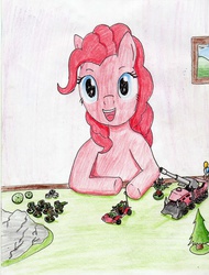 Size: 2428x3194 | Tagged: safe, artist:40kponyguy, derpibooru exclusive, pinkie pie, ork, g4, dice, female, figurine, gaming miniature, high res, looking at you, miniature, solo, traditional art, warhammer (game), warhammer 40k