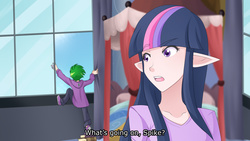 Size: 1280x720 | Tagged: safe, artist:jonfawkes, spike, twilight sparkle, human, g4, princess spike, elf ears, escape, humanized, scene interpretation