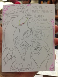Size: 768x1024 | Tagged: safe, artist:andypriceart, discord, fluttershy, g4, black and white, boop, grayscale, irl, monochrome, partial color, photo, traditional art