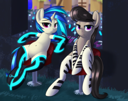 Size: 1962x1555 | Tagged: safe, artist:january3rd, dj pon-3, octavia melody, vinyl scratch, earth pony, pony, unicorn, g4, belly button, clothes, female, lidded eyes, mare, octavia is not amused, sitting, socks, thigh highs, tron, unamused, unimpressed