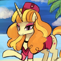 Size: 750x750 | Tagged: safe, artist:lumineko, tropical dream, pony, g4, princess spike, beach, bedroom eyes, choker, clothes, cloud, cloudy, eyeshadow, hat, looking at you, palm tree, raised hoof, smiling, solo