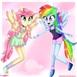 Size: 2600x2600 | Tagged: safe, artist:vixelzf, fluttershy, rainbow dash, equestria girls, g4, blushing, cleavage, clothes, dress, female, high res, ponied up, pony ears, tank top, wings