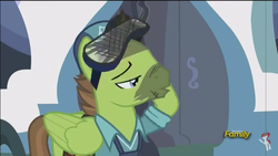 Size: 960x540 | Tagged: safe, screencap, douglas spruce, evergreen, pegasus, pony, g4, princess spike, dirty, discovery family logo, goggles, kissy face, lidded eyes, male, out of context, scorched, stallion