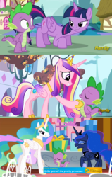 Size: 1800x2835 | Tagged: safe, hundreds of users filter this tag, princess cadance, princess celestia, princess luna, spike, twilight sparkle, alicorn, dragon, pony, castle sweet castle, g4, princess spike, slice of life (episode), age difference, bedroom eyes, comic, discovery family logo, eyes on the prize, female, looking at butt, love, love triangle, male, mare, personal space invasion, ship:spikedance, ship:spikelestia, ship:spiluna, ship:twispike, shipping, smiling, spike gets all the alicorns, spike gets all the mares, spike gets all the princesses, spikelove, straight, tonight you, twilight sparkle (alicorn)