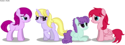 Size: 1478x540 | Tagged: safe, artist:asika-aida, blueberry pie, fuchsia blush, lavender lace, raspberry fluff, equestria girls, g4, my little pony equestria girls: rainbow rocks, background human, equestria girls ponified, female, group, ponified, quartet, simple background, transparent background, vector