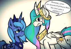 Size: 2446x1689 | Tagged: safe, artist:wirelesspony, princess celestia, princess luna, g4, bad joke, curved horn, eye contact, frown, glare, grin, horn, poor taste, pun, s1 luna, smiling, too soon, unamused