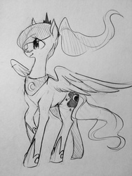 Size: 960x1280 | Tagged: safe, artist:askcminus, artist:glacierclear, princess luna, g4, alternate hairstyle, cute, female, monochrome, ponytail, sketch, solo, spread wings, traditional art