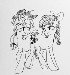 Size: 1188x1280 | Tagged: safe, artist:glacierclear, apple bloom, applejack, g4, butt bump, butt to butt, butt touch, monochrome, older, traditional art