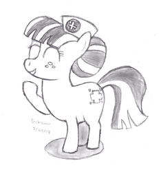 Size: 859x929 | Tagged: safe, artist:drchrisman, nurse sweetheart, pony, g4, eyes closed, female, mare, monochrome, simple background, sketch, smiling, solo, traditional art, white background