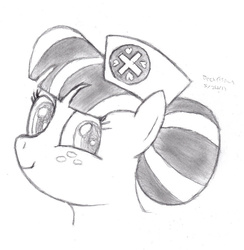 Size: 883x905 | Tagged: safe, artist:drchrisman, nurse sweetheart, pony, g4, female, mare, monochrome, simple background, sketch, smiling, solo, traditional art, white background