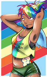 Size: 579x945 | Tagged: safe, artist:alvrexadpot, rainbow dash, human, g4, arm behind head, armpits, belly button, clothes, cutie mark, female, humanized, midriff, solo, sports bra